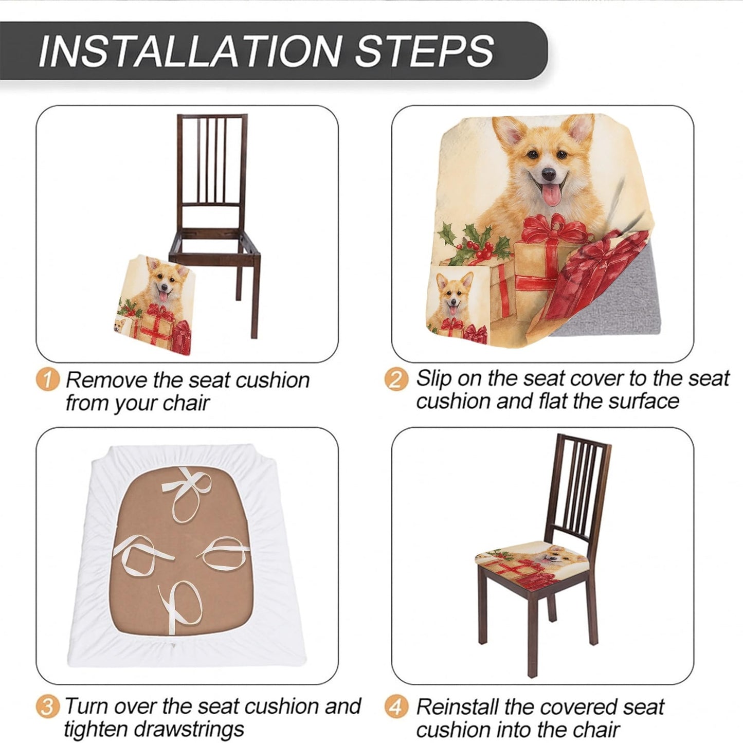 Corgi Holiday Chair Seat Covers, Stretch Spandex Washable Cushion Slipcovers with Gift Boxes Design, Festive Decorative Covers for Home Dining Decor 4pcs