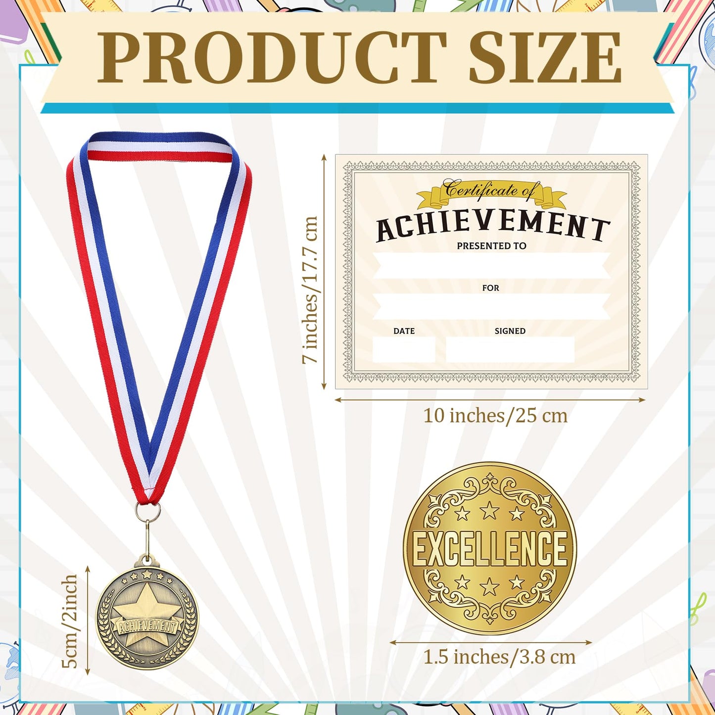 Cunno 12 Set 2" Achievement Award Medals with Neck Ribbons Recognition Medals with Achievement Certificate Embossed Gold Stickers Prize Gift Kits for Tournaments Competitions Party Students