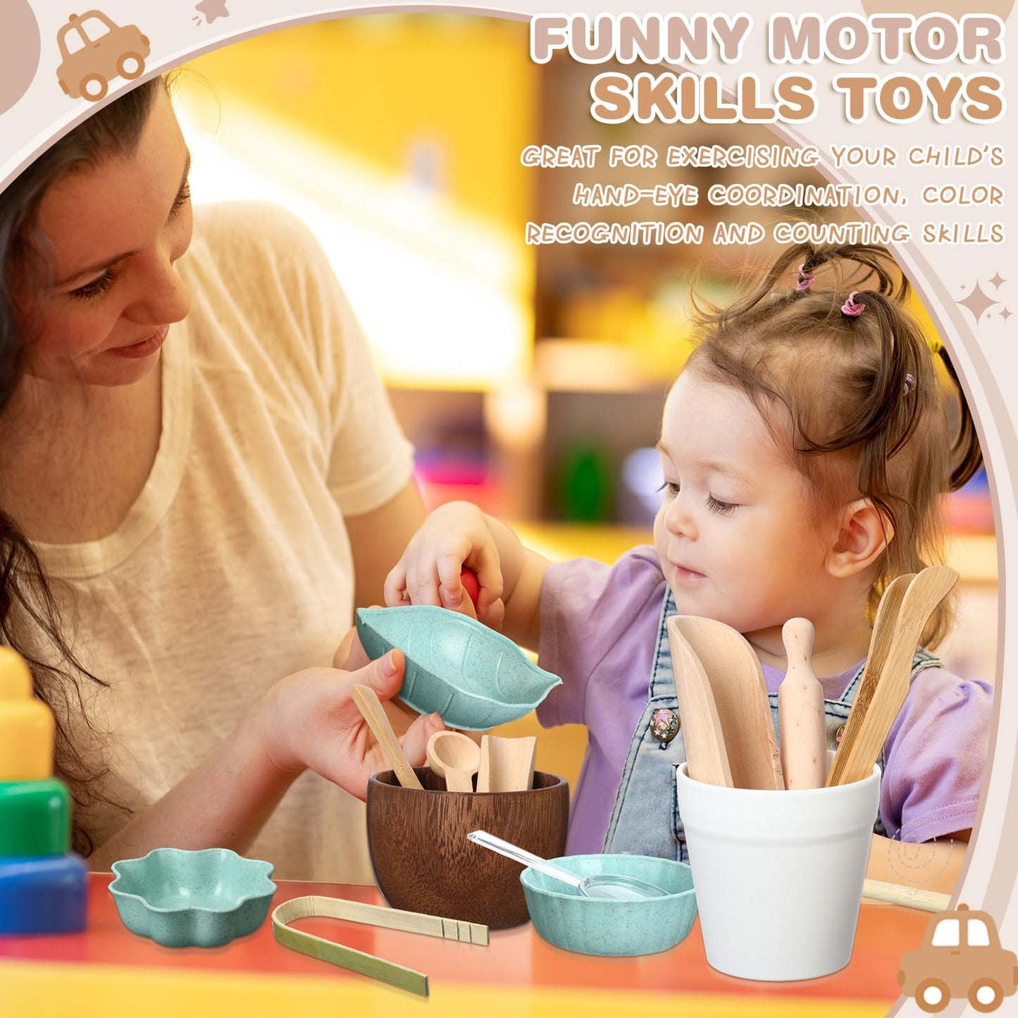Tiangrid 14pcs Sensory Bin Tool Sensory Tools for Boys and Girls Fine Motor Skill Toys Wooden Tong Spoons Bowls Plate Hammer Magnifying Glass and Rolling Pin for Transfer Work and Fine Motor Learning