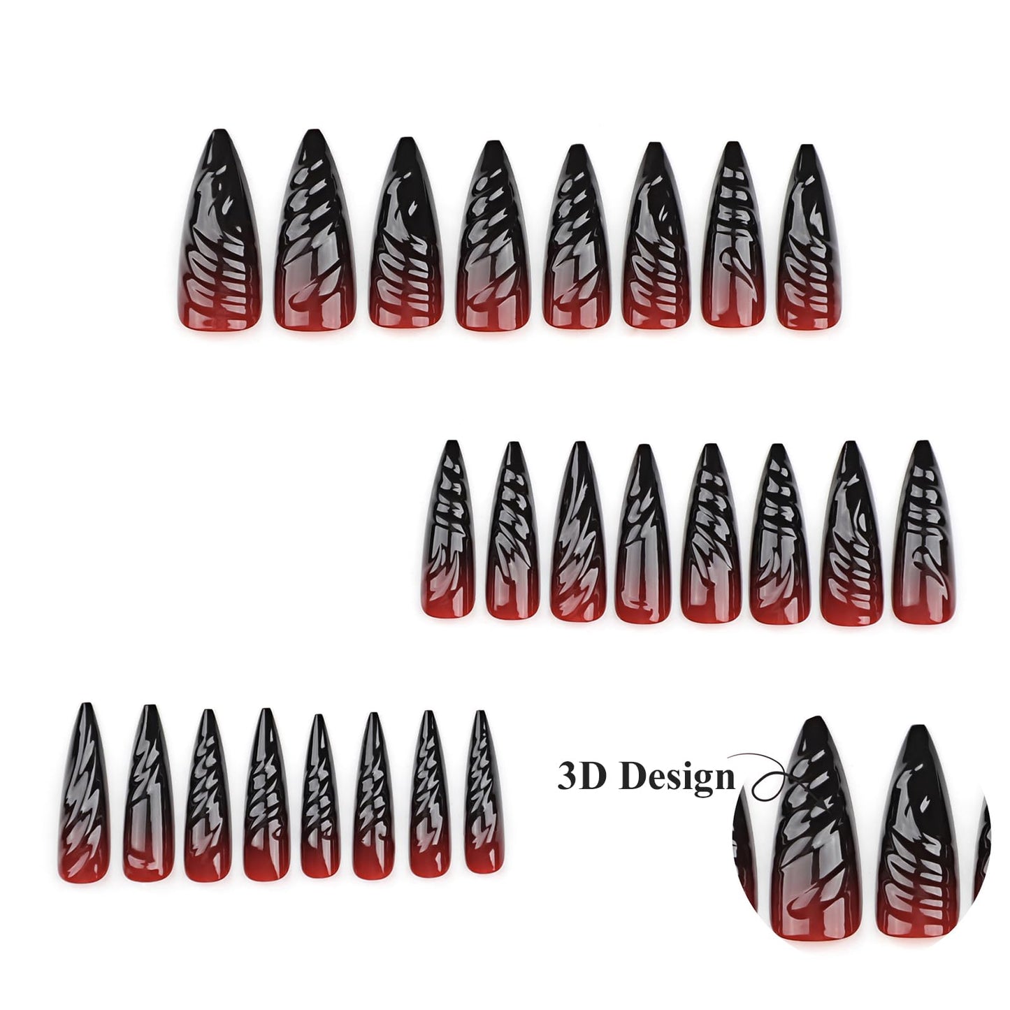 MISUD Press on Nails - Long Stiletto Glue on Nails with Goth Red Black, Acrylic Gothic Vampire Design 24 pcs