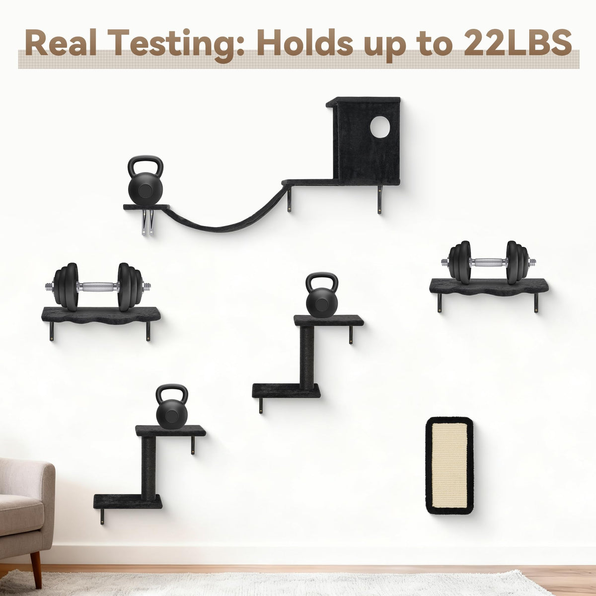 6‑in‑1 Cat Wall Shelves, Wall Mounted Cat Furniture Set with Scratching Posts, Cat Bed & Bridge, Space Saving Cat Climbing Perch for Kittens & Cats Up to 22 Lbs, Black