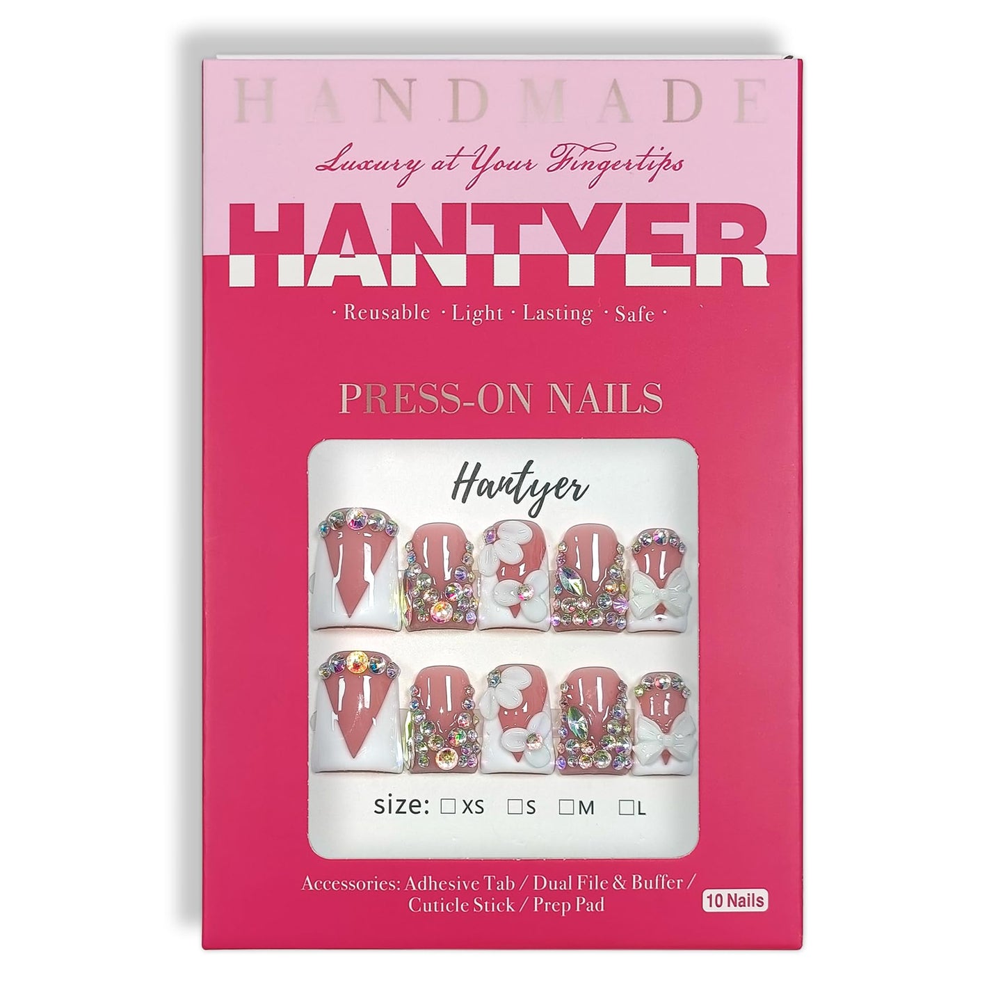 Hantyer 10pcs Press on Nails with Tools Kit, Short Duckbill Glossy White French Tips, Crystal Rhinestones & 3D Floral Designs, Icy Shimmer Finished Salon Nails, Reusable for Special Events (Size M)