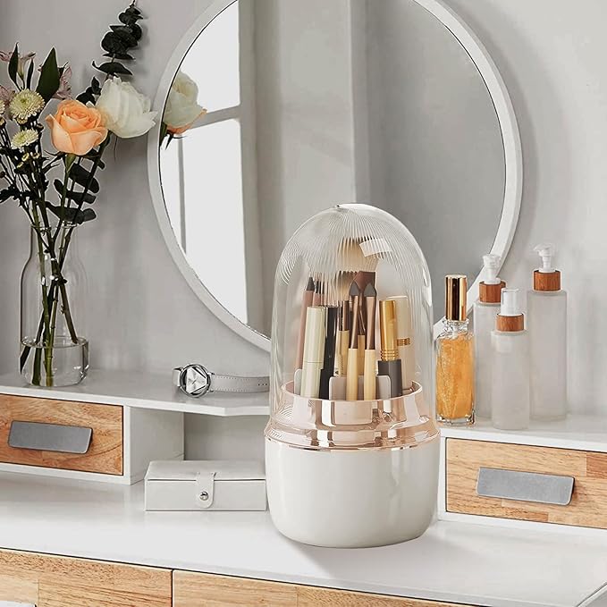360° Rotating Toothbrush Holder with Cover, 7-Slot Bathroom Organizer for Electric Toothbrush, Toothpaste, Razors, Draining Water, Countertop Vanity Storage