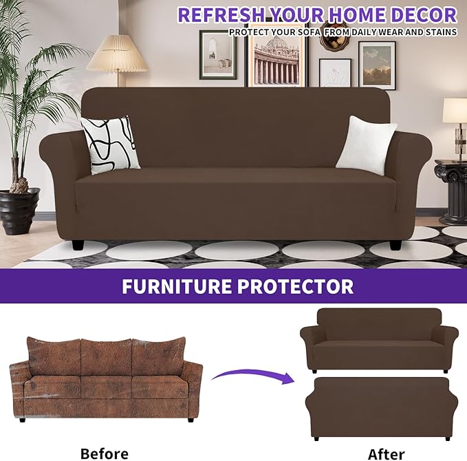 ZNSAYOTX Super Stretch Sofa Cover (72"-92"), New Striped Sofa Covers Fitted Slipcovers with Elastic Bottom, Dog Cat Pets Proof Spandex Washable Fabric Comfortable & Durable (Coffee, Sofa)