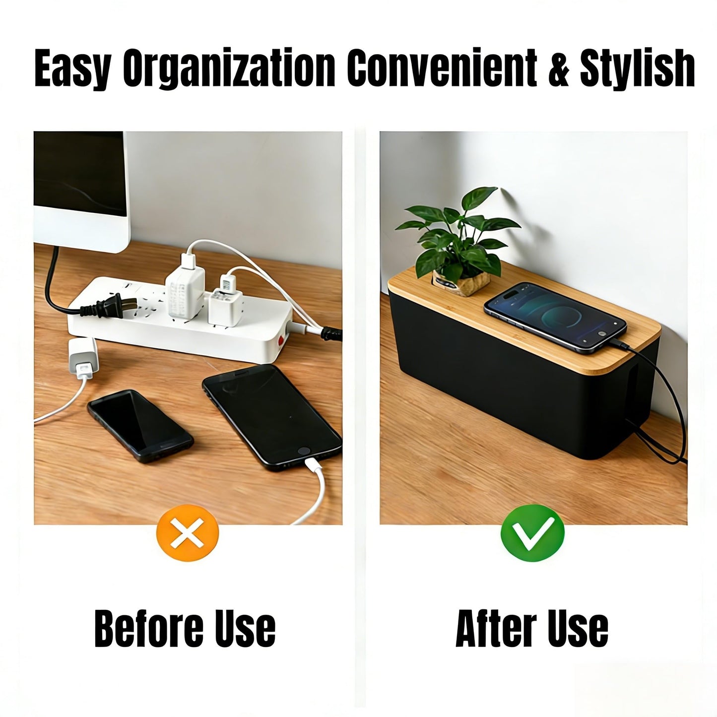 1 Large + 1 Small Cable Management Box Set – 2-Piece Cord Organizer Box, Home Office Desk Wire Storage & Cable Management Solution (Bamboo Lid/Black)