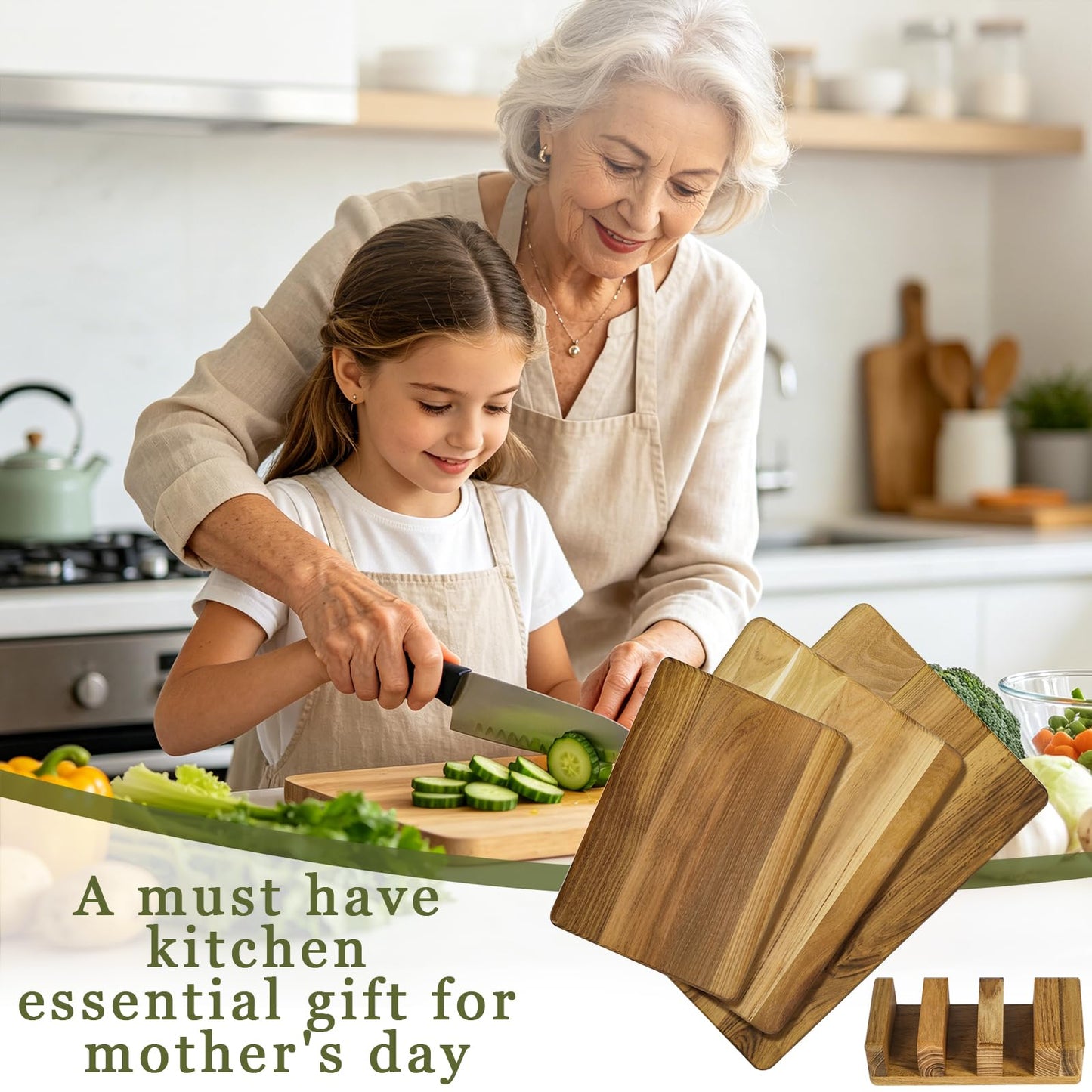 GrovePlatin Teak Wood Cutting Boards for Kitchen (Set of 3), No Juice Groove Chopping Board Charcuterie Cheese Board with Storage Stand