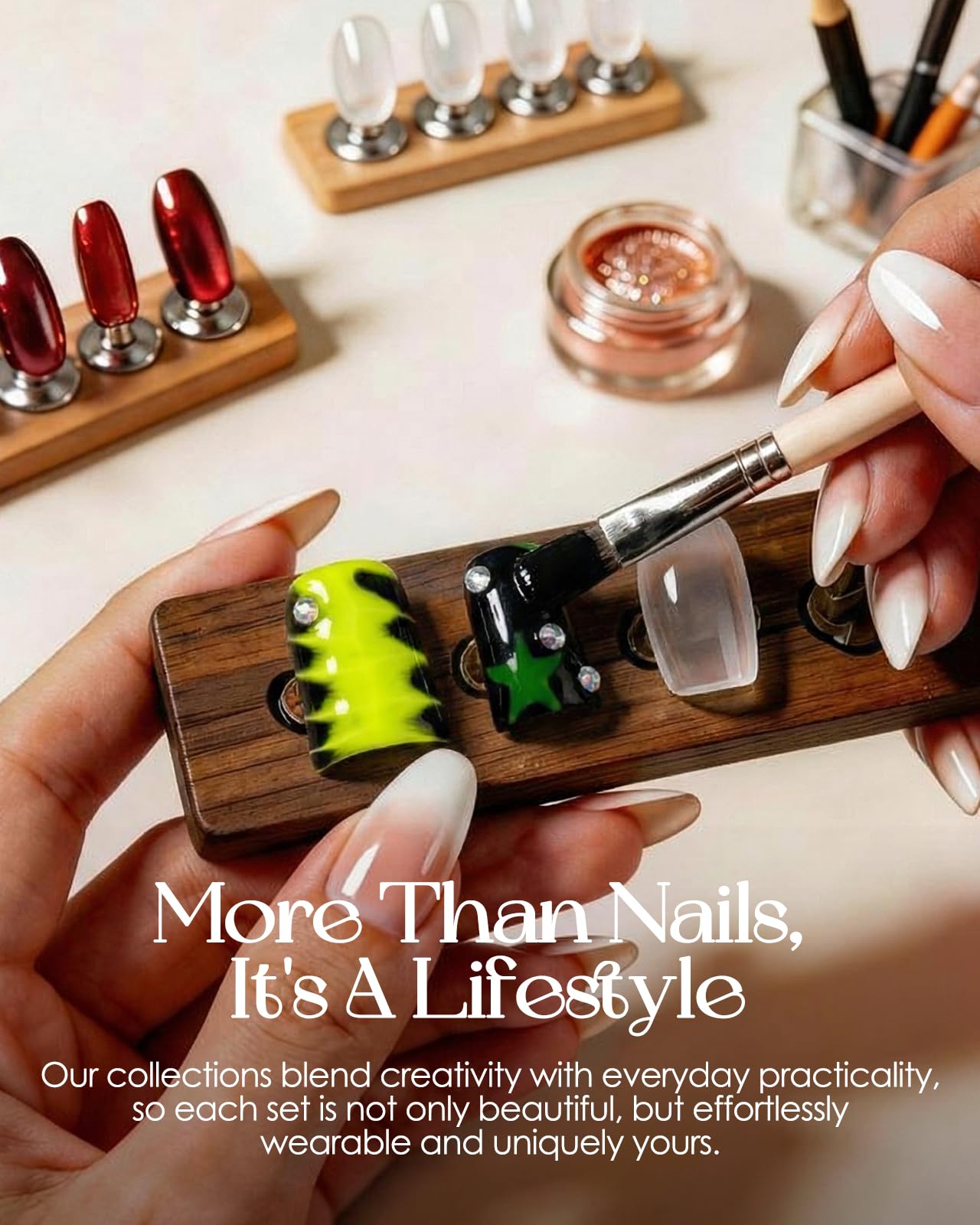 Buleens Handmade Press on Nails Acrylic Duck Nails-10pcs Short Edgy Neon Green Snake Flower 3D Fake Nails Kits with Glue