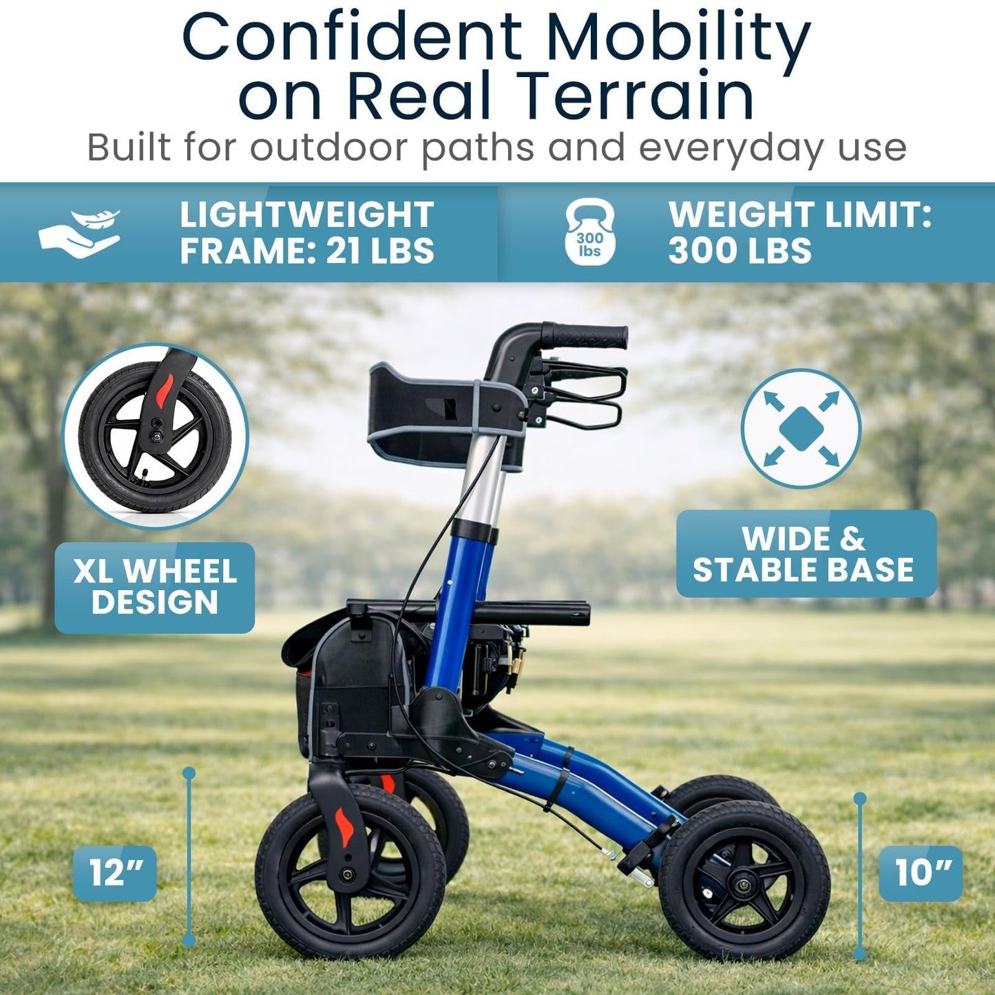Vive All-Terrain Rollator Walker with 12” Pneumatic Wheels - Padded Seat & Backrest, Lightweight Outdoor Rolling Walker with Big Wheels - Foldable with Height Adjustments