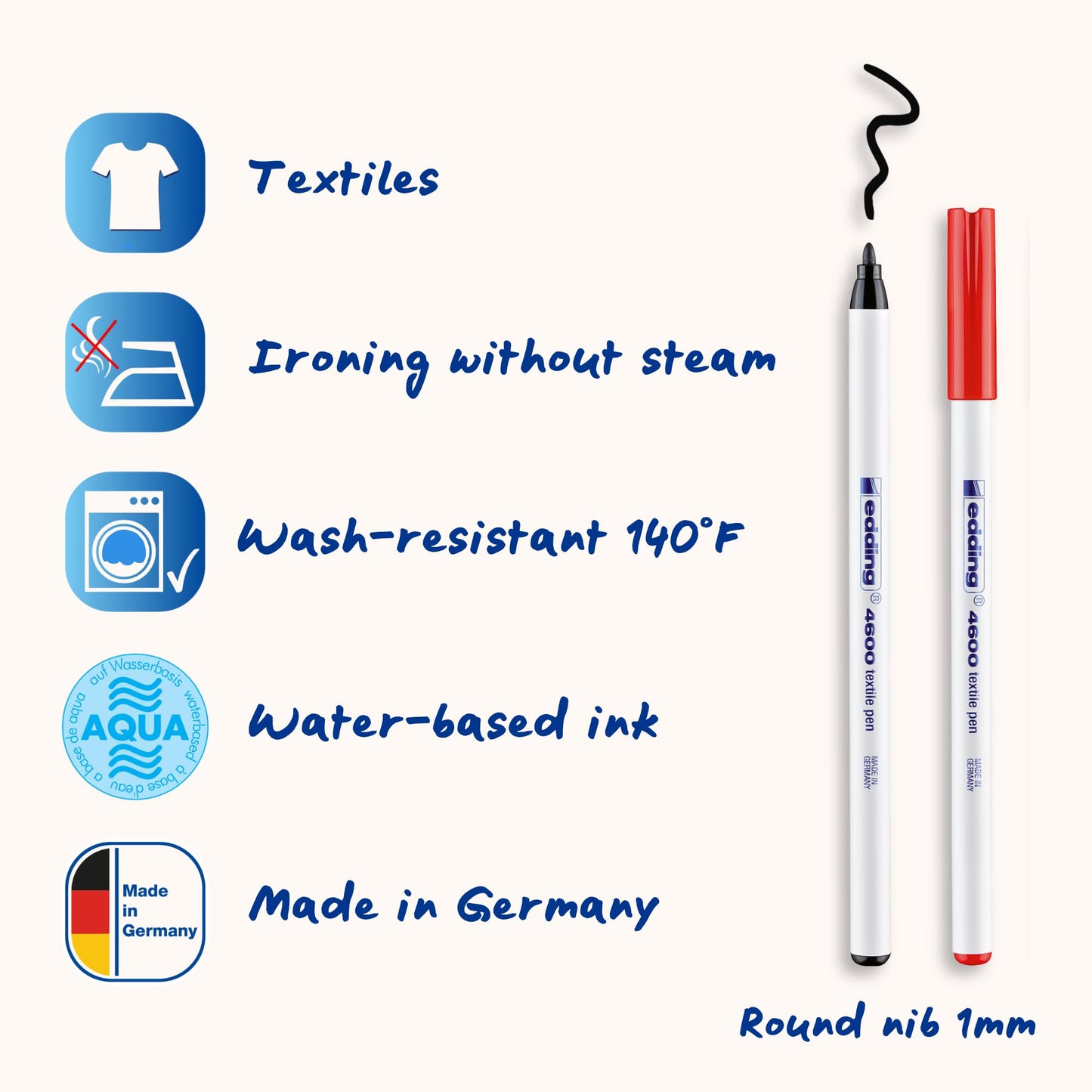 edding 4600 textile pen - black, red, blue, green, yellow - set of 5 - round nib 1 mm - permanent fabric pens for drawing on textiles, wash-resistant to 60 °C - fabric pen