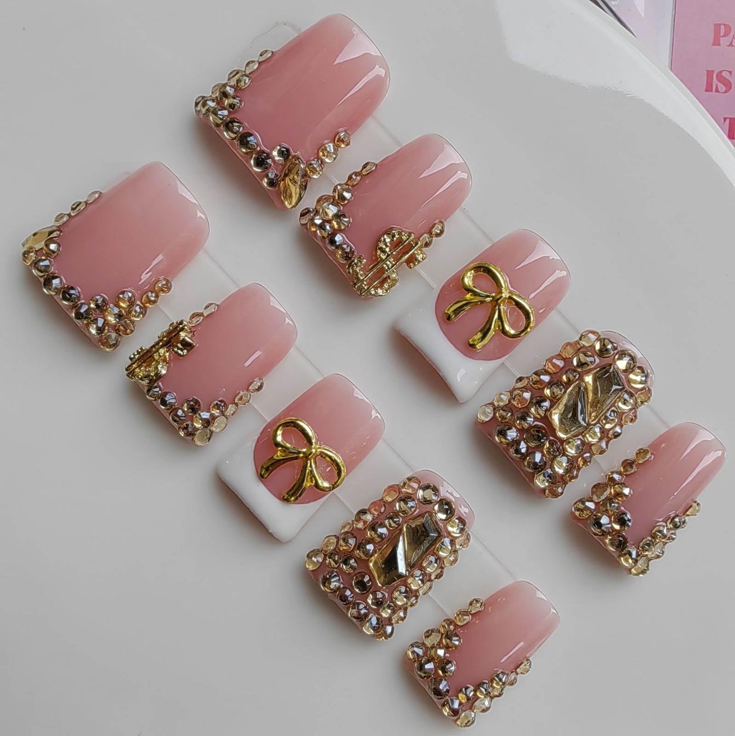 Gleamrain Duck Press on Nails Handmade Fake Nails Pink with Rhinestones and Bow Design for Women 10pcs M Size Pattern 1102