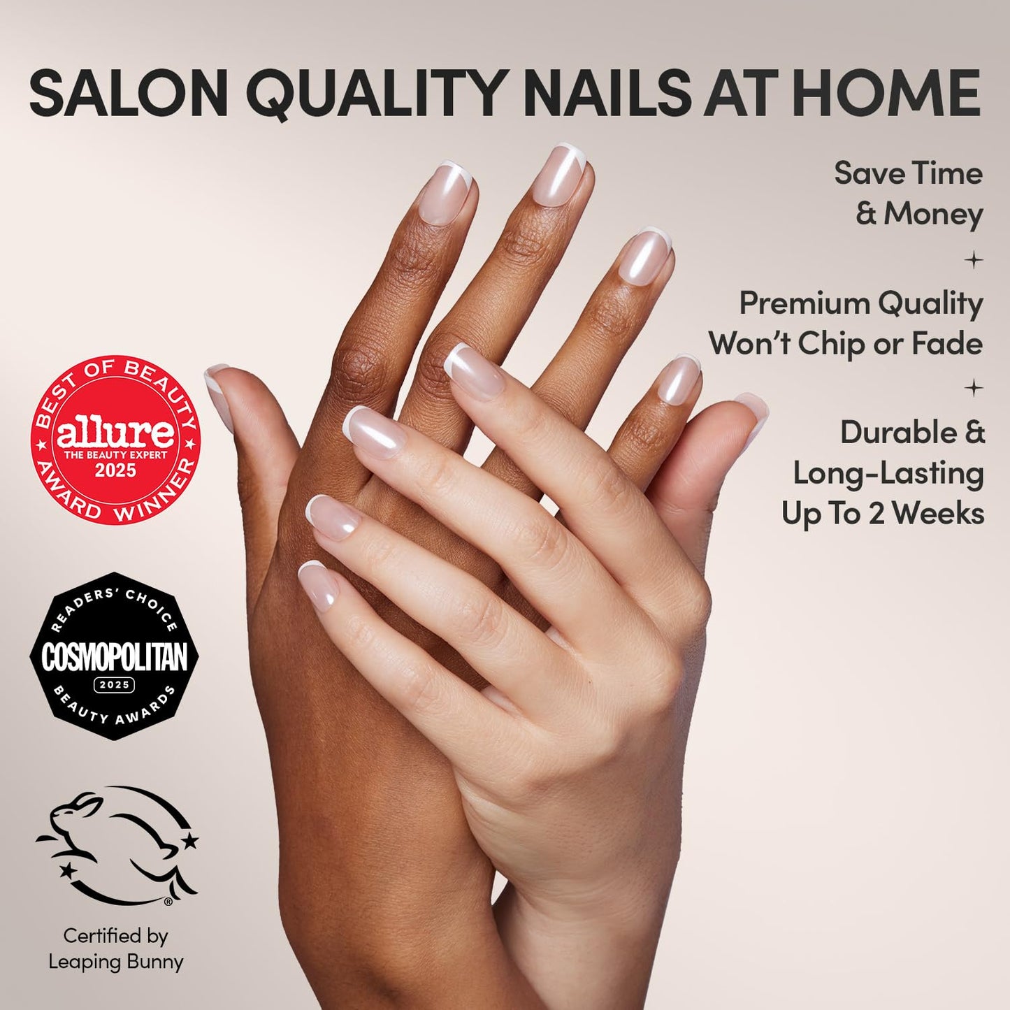 Glamnetic Press On Nails - La Perle | Semi-Transparent Squoval French Tip Fake Nails, Salon Quality | 15 Sizes - 30 Nail Kit with Glue