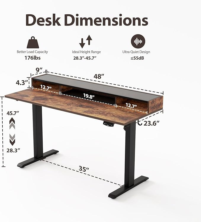 Agilestic Glass Standing Desk with Storage, 48 Inch Electric Adjustable Desk with Glass Shelf and Cable Management, Sit Stand Up Home Office Computer Table, Splice Board, Rustic Brown