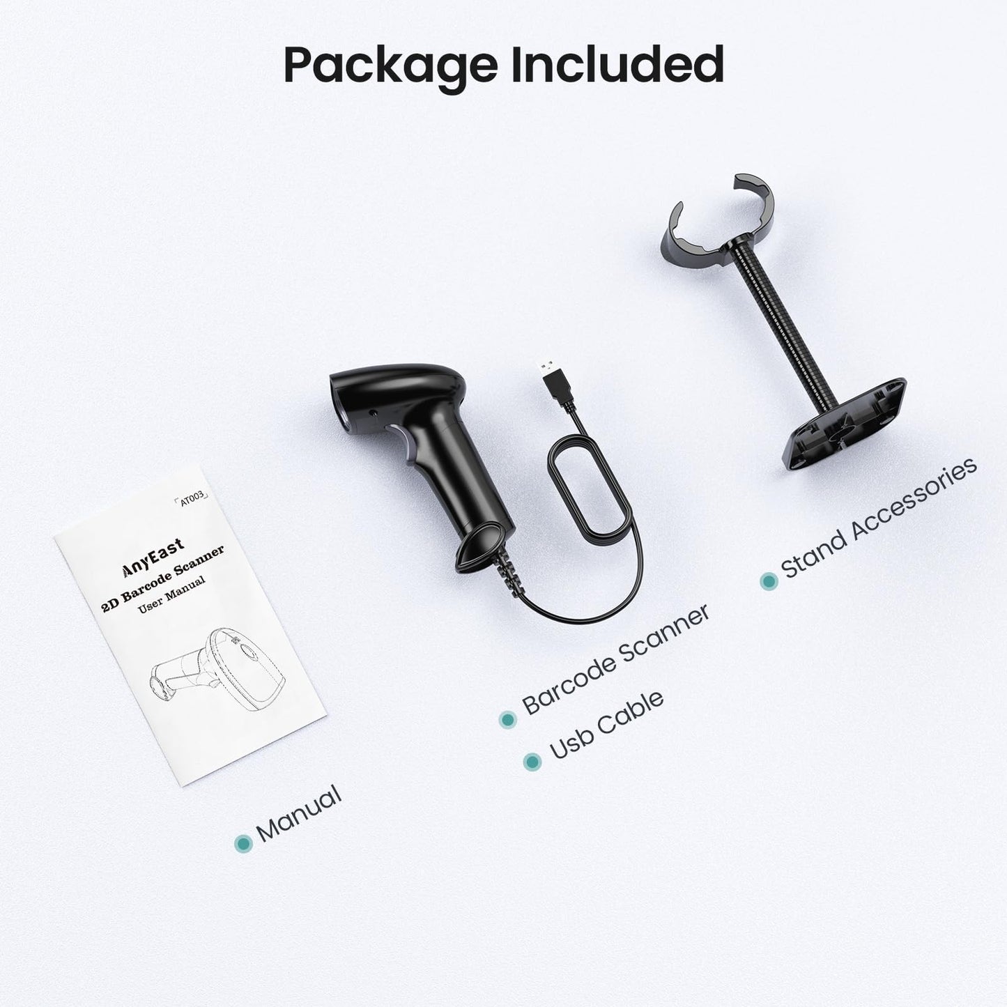 2D 1D Barcode Scanner : USB Wired Inventory QR Scanner with Stand for Computer POS MAC with Automatic Scanning, Handheld CMOS Image Bar Code Reader for Warehouse Library Supermarket
