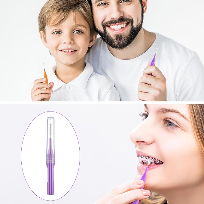 Patelai 100 Pieces Braces Brush for Cleaner Interdental Brush Toothpick Dental Flossing Head Oral Hygiene Flosser Tooth Cleaning Tool(Orange, Purple)