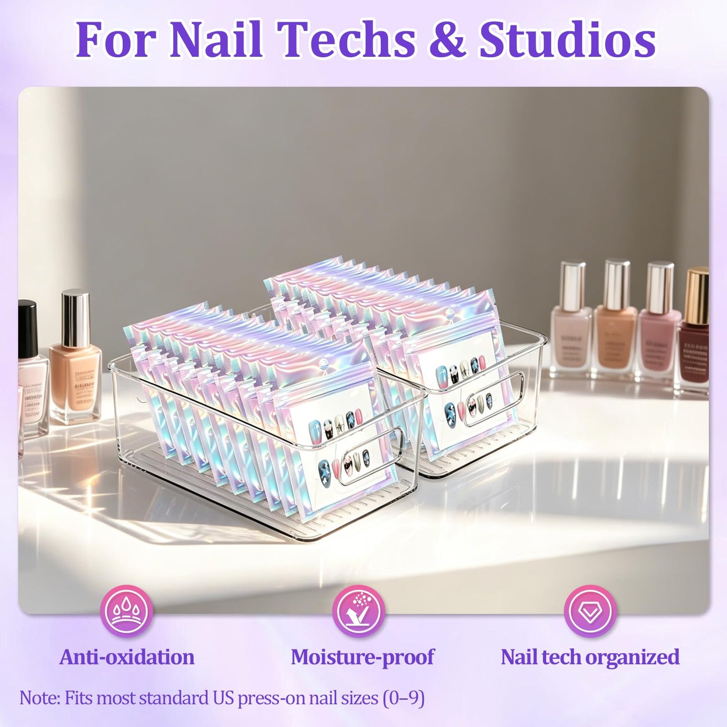 Raisetip 100PCS Press on Nail Packaging Bag, 100PCS Display Card with 231 Pcs Pre-cut Adhesive Tape & Diamond Art Pens & Glue Clay & Tweezers, 6-in-1 Set for Nail Display (Laser-white card)
