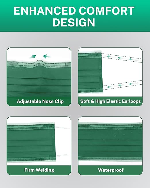 Disposable Face Masks Made in USA, 4 Ply for Families, Students, Breathable All-Day Wear & Safety, FSA HSA Eligible, ASTM Level 3 Medical Grade, 50 Pack, Hunter Green