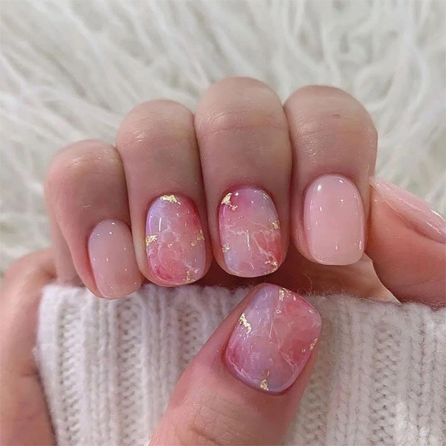 Press on Nails Short Square Fake Nails Press ons Glossy Glue on Nails Cute Pink Ombre Acrylic Nails Marble Artificial Nails Bling Line Stick on False Nails with Design 24 Pcs