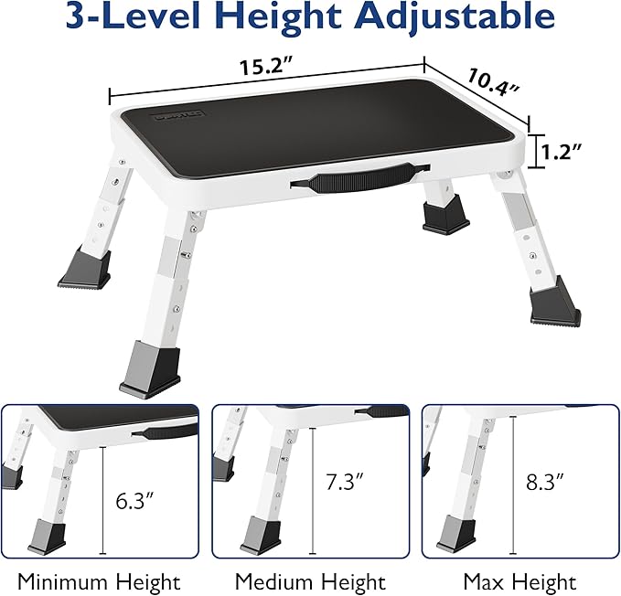 BONTEC Folding Step Stool, 3-Level Adjustable Metal Step Stool with Anti-Slip Pedal and Locking Legs, 330lbs Heavy Duty Folding Foot Stool, Portable Stepping Stool for Kids, Kitchen, Home, Office