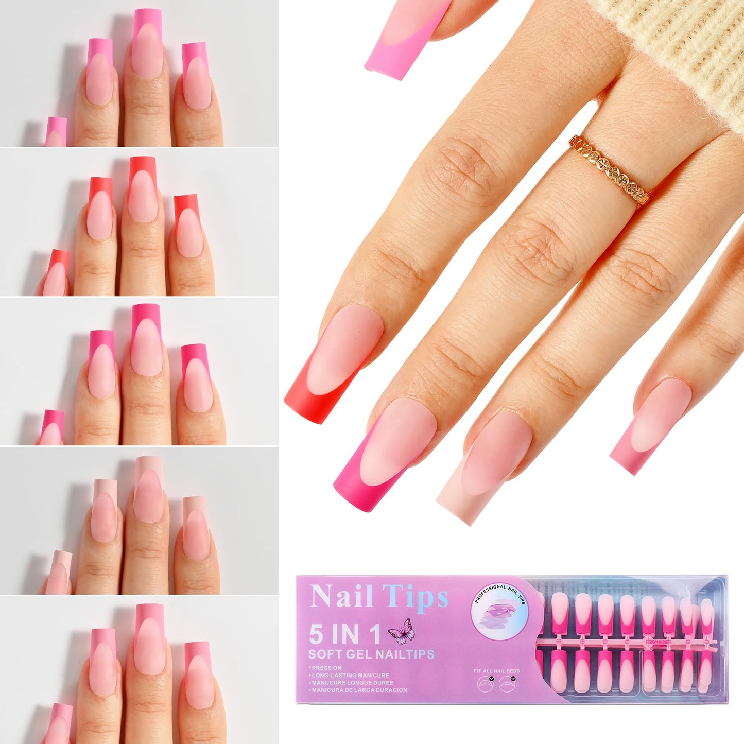 Jellyqueen 150PCS Medium Square French Press On Nails, Matte Glitter Soft Gel Fake Nails, False Nails with Adhesive Tabs, Reusable DIY Salon Style Nails for Women & Girls(A18-02-01)