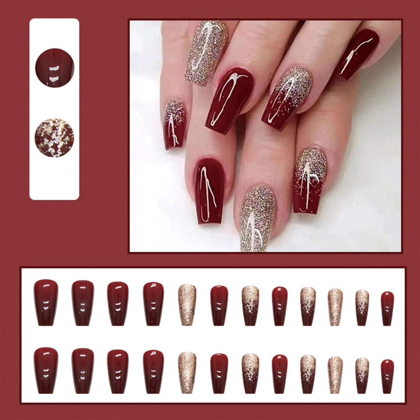 SINHOT Red Press on Nails - Medium Coffin Glossy Glue on Acrylic Gold Glitter Ballerina Artificial Stick on False Nails with Design - 24 pcs