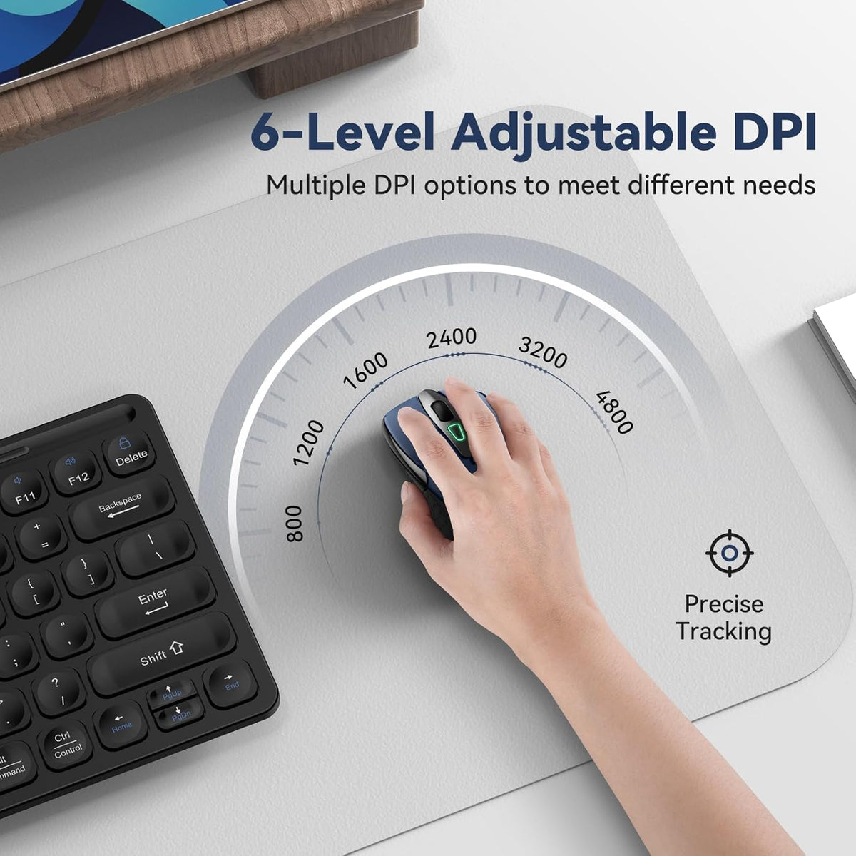 Bluetooth Mouse (BT5.0/3.0 & 2.4G) Rechargeable Wireless Mouse, 4800 DPI Optical Tracking, 6 Adjustable DPI, 2.4GHz with USB A Receiver, Quiet Clicks, Ergonomic Grips, 6 Buttons - Blue
