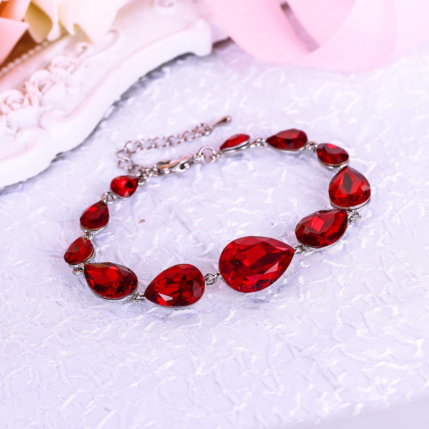 BriLove Wedding Bridal Crystal Bracelet for Women Multi Teardrop Ruby Color Silver-Tone