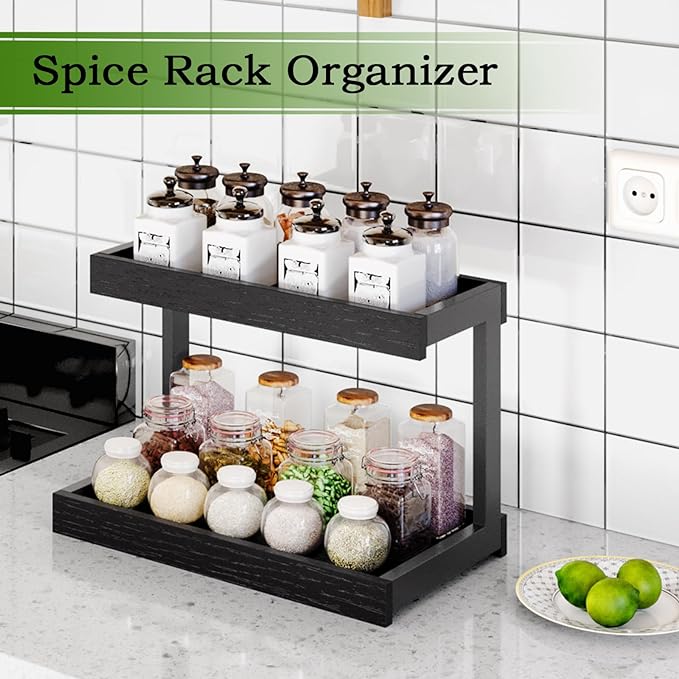 MARTY 2 Tier Spice Rack Organizer for Countertop, 15.8''L Coffee Station/Bathroom Organizer Countertop, Counter Shelf Desktop Storage Organizer for Kitchen, Bedroom, Office (Black)