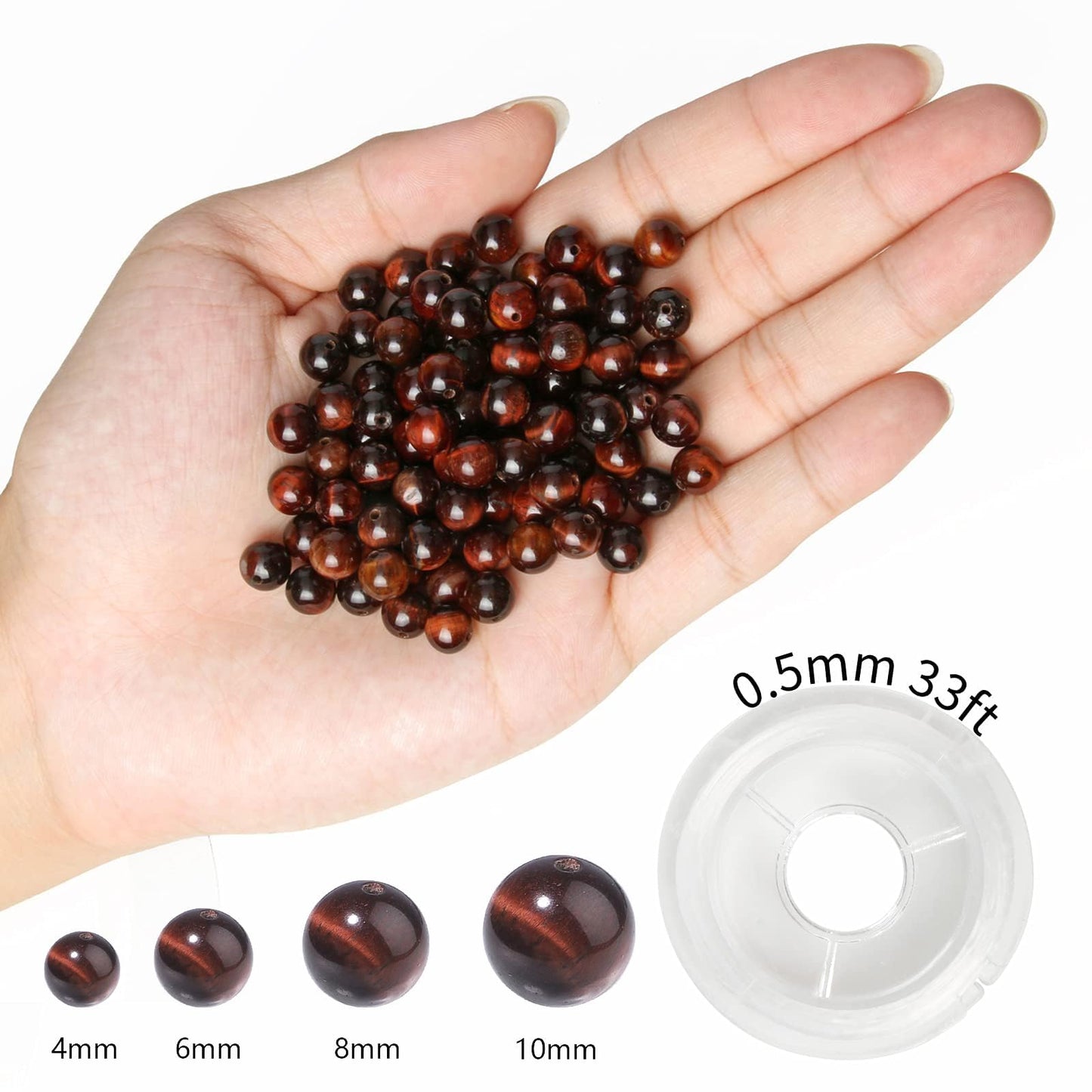 NITOPUPU 100Pcs 8mm Natural Smooth Red Tiger Eye Gemstone Beads Round Loose Stone Beads for Jewerly Making with Crystal Stretch Cord