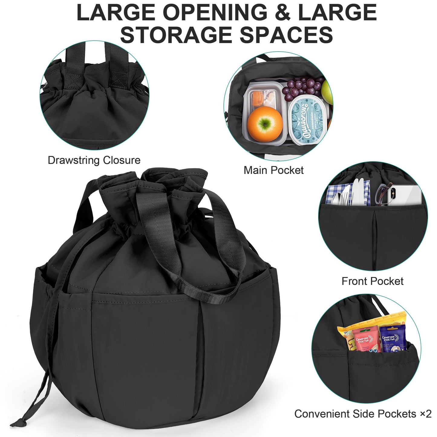 Hafmall Large Drawstring Lunch bag Women, Cute Lunch Box Leak-Resistant Lunch Tote for Picnic Work Office, Black