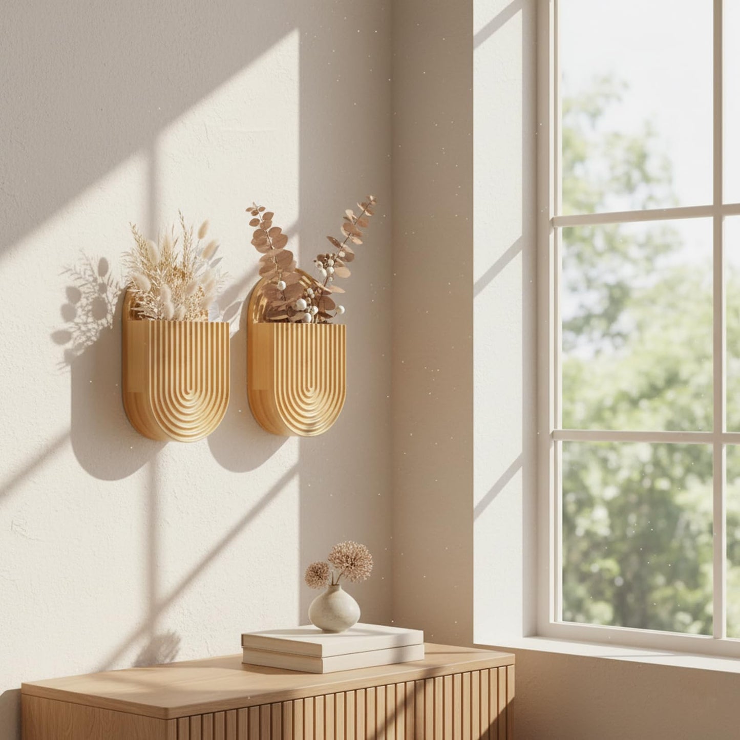 Aimto Wooden Wall Vase Set of 2, Bamboo Boho Wall Decor Planters Holder for Indoor Plants, for Entryway, Hallway, Bathroom, Living Room, Dining Room