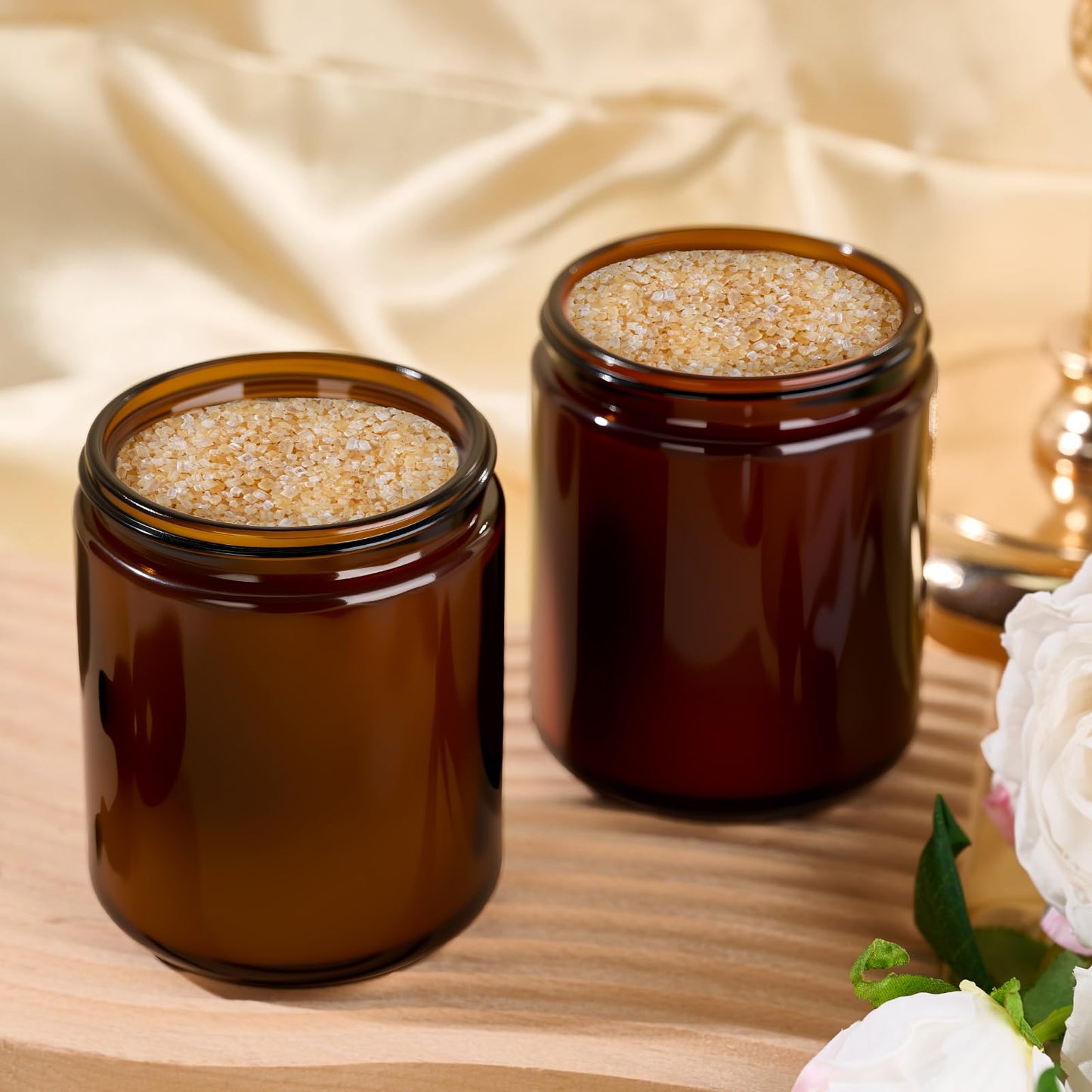 Hoa Kinh 8oz Amber Glass Jars with Lids - 12Pack Empty Airtight Storage Containers for Candle Making, Cosmetic, Spices, Crafts, Food - Refillable, UV Protection, Black Plastic Lid