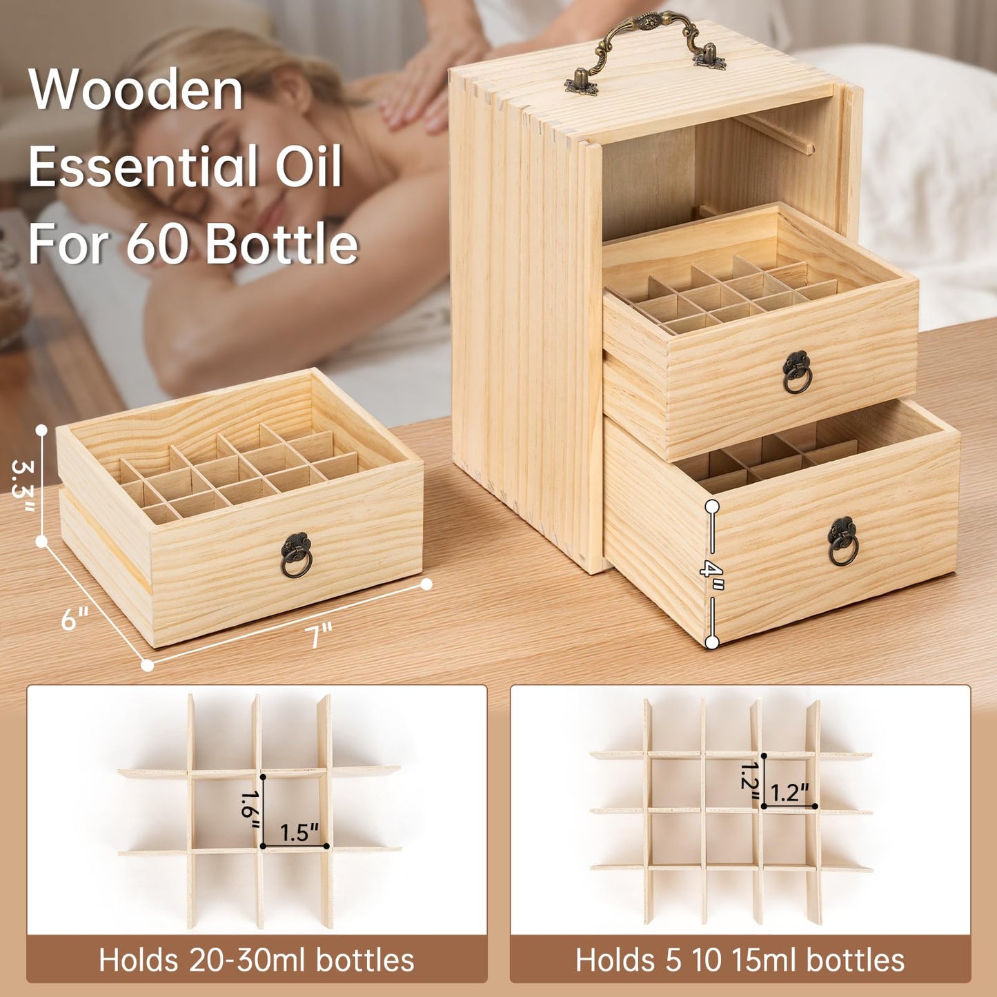TORIBIO Essential Oil Storage Box for 60 Bottles, Wooden Essential Oils Holder Organizer Holds 5-30ml for Young Living & Doterra Bottles