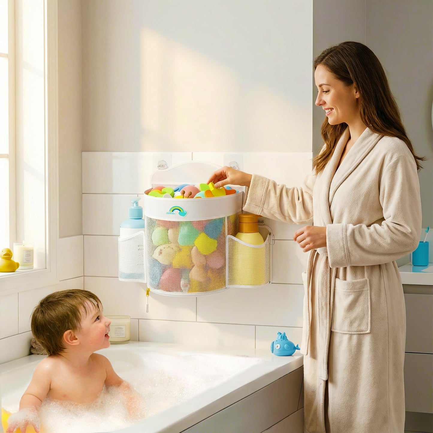 Austion Hanging Bath Toy Storage - Large Opening Quick Dry Mesh Bath Toy Holder with 2 Side Pockets and Bottom Zipper, Space-Saving Bath Toy Organizer for Kids Bathtubs - White
