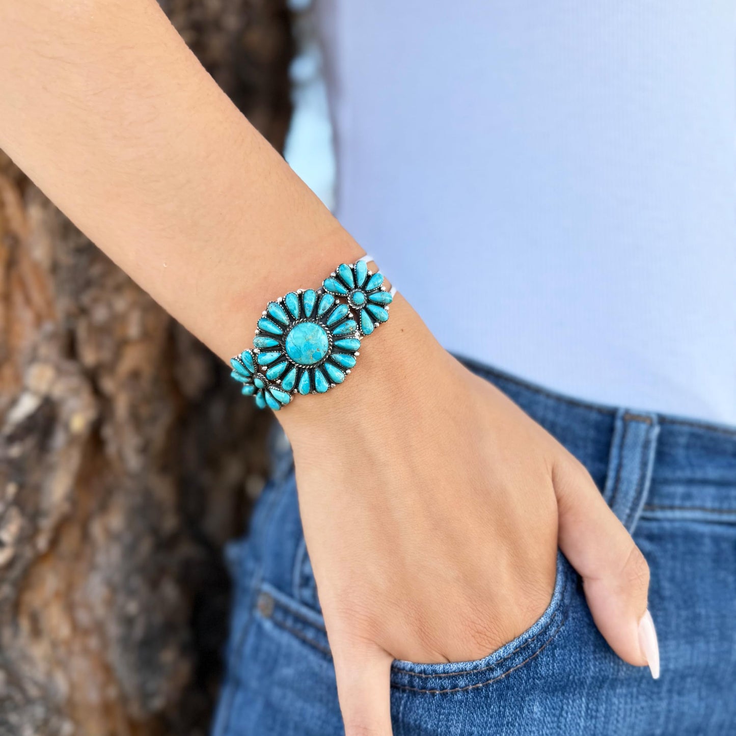 Southwest Style Genuine Gemstones 925 Sterling Silver Cluster Bracelet (Turquoise)