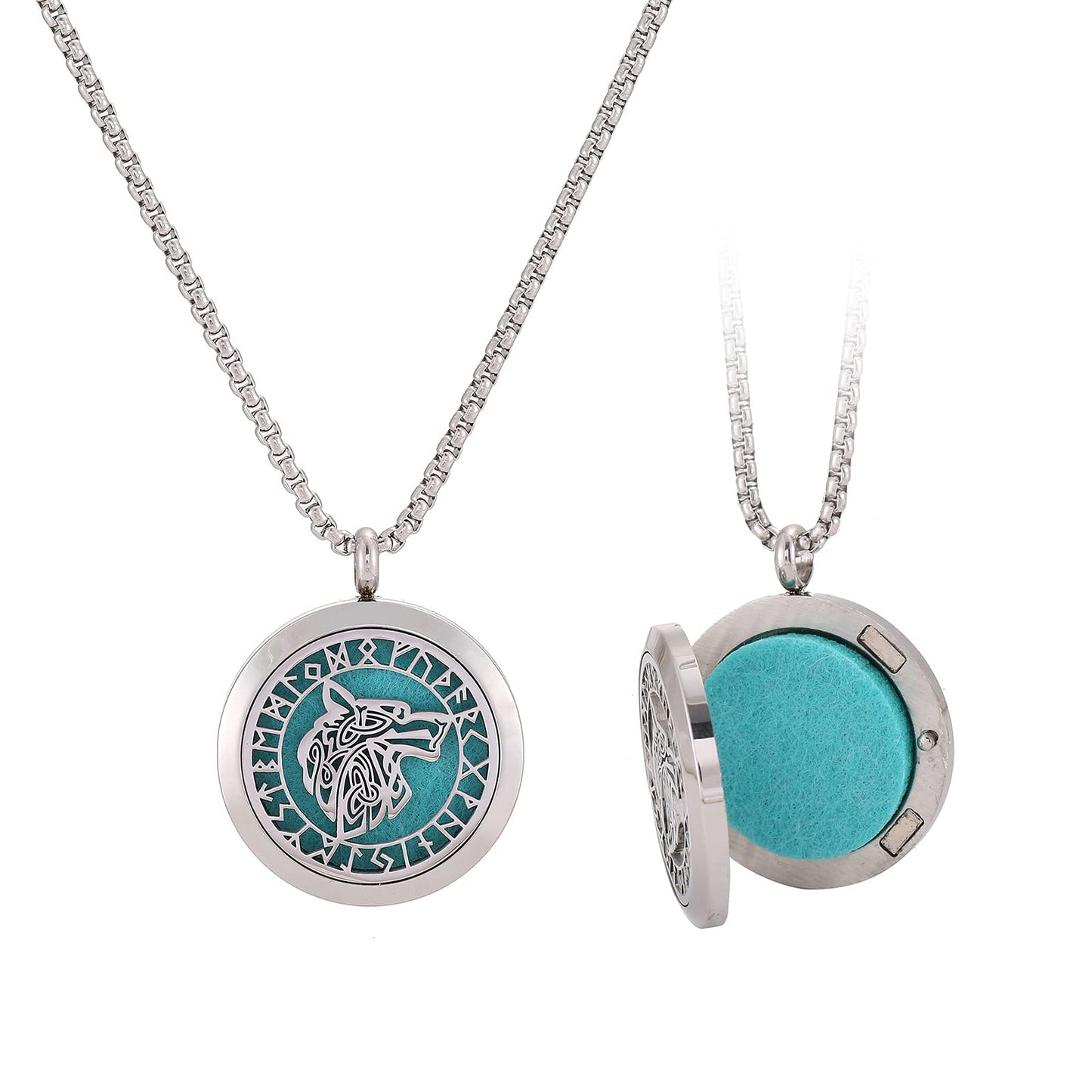 UTHOSMDO Viking Handsome Nordic Necklace with Runic Wolf Aromatherapy Essential Oil Diffuser Viking Jewelry Gift Stainless Steel Locket Pendant Necklace