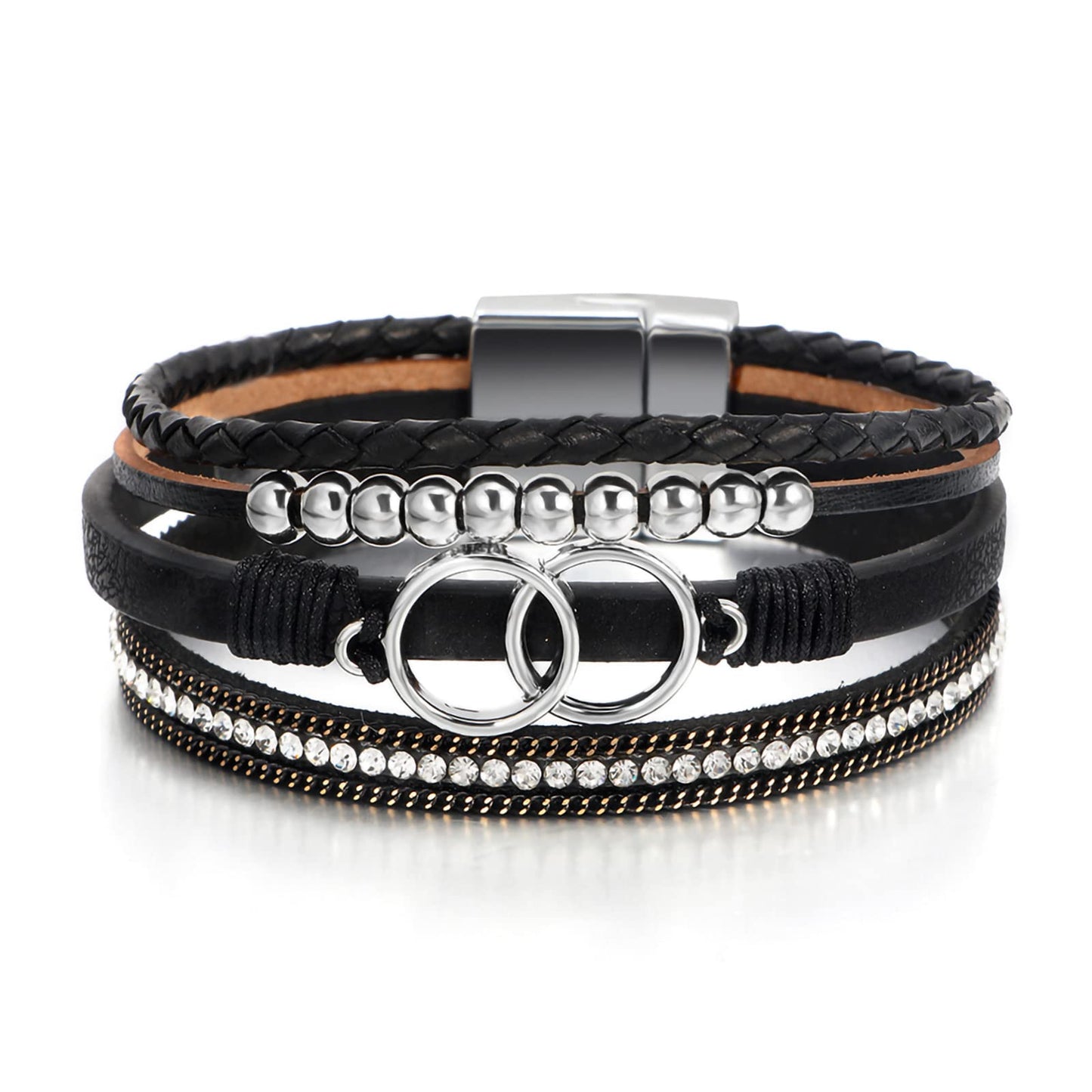 Leopard Bracelet for Women, Boho Leather Wrap Multi-Layer Pearl Crystal Bracelet Bangle Jewelry (Double Circle(Black))