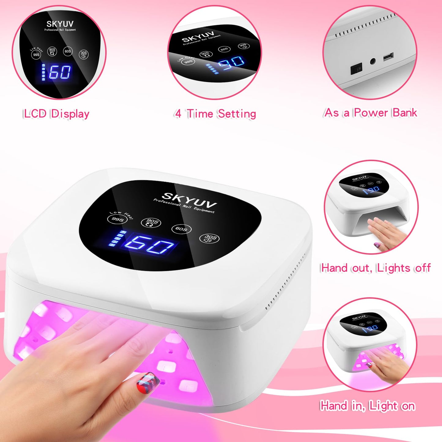 Rechargeable UV LED Nail Lamp, SKYUV Cordless Nail Dryer for Gel Polish, UV Nail Lamp with 4 Timers Setting and LED Touch Screen, Professional Curing Lamp Light with 30 Beads for Salon and Home ﻿