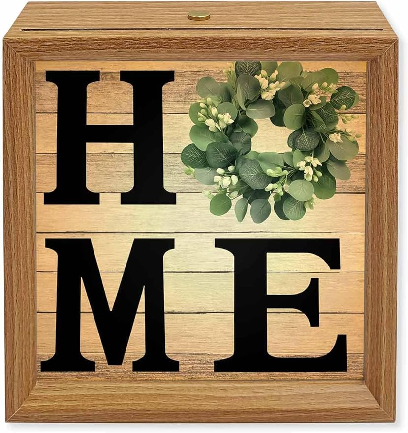 Wood Night Light Box 6.5x6.5in,Home Green Eucalyptus Wreath Table Lights Wooden Picture Frame with USB Rechargeable Touch LED Lights for Home Decor Desktop Display,Farm Vintage Wood Board