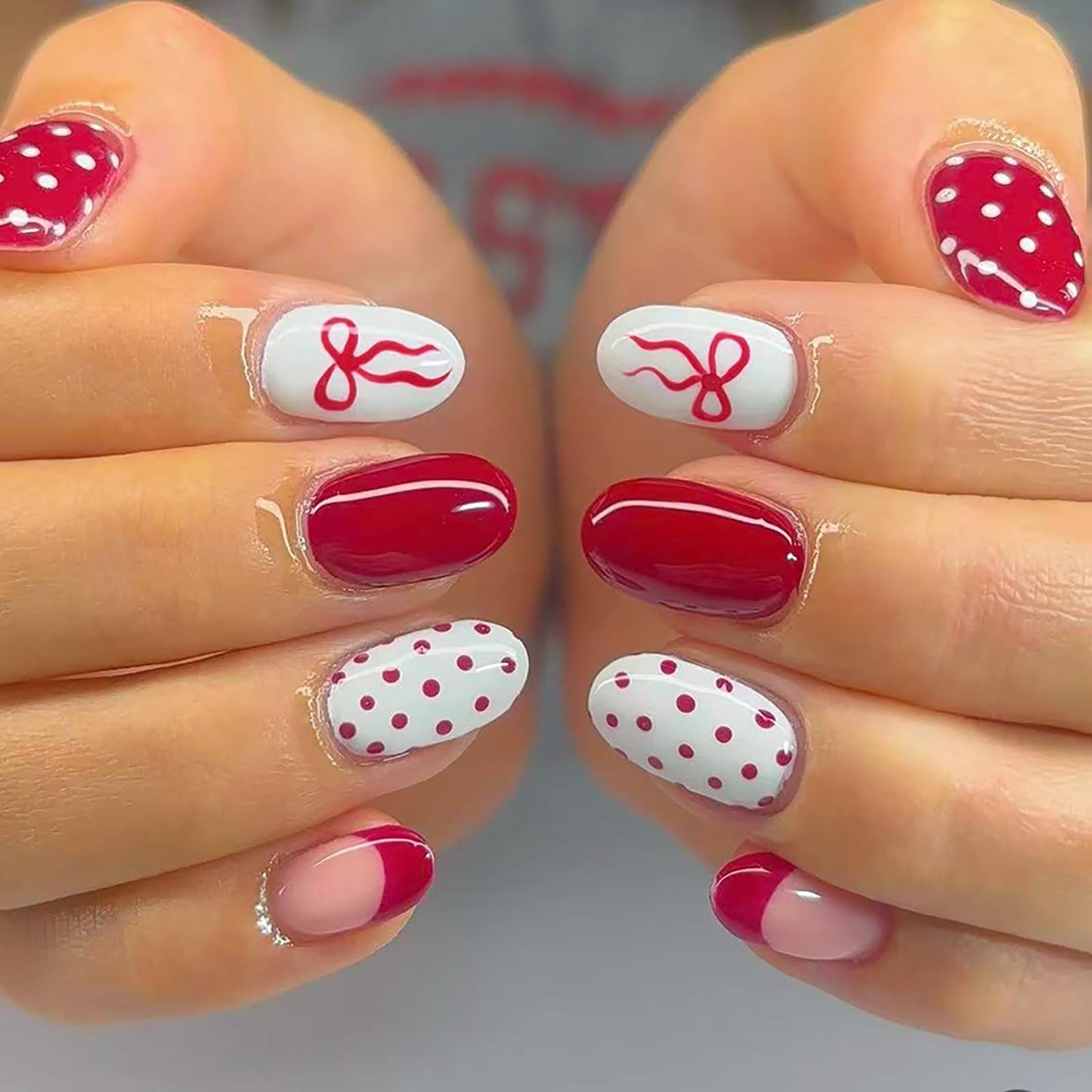 24Pcs Short Almond Press on Nails Cute Bow Polka Dot Press on Nails Valentines Fake Nails French Tip False Nail Red White Full Cover Artificial Nails Press ons Cute Reusable Stick on Nails for Women