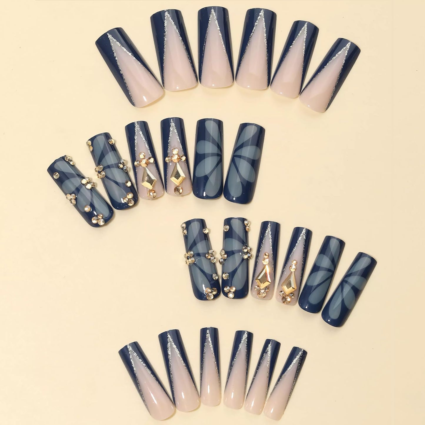 MISUD Press on Nails - Long Square Fake Nails with Navy Blue, Acrylic Butterfly Rhinestone Design 24 pcs