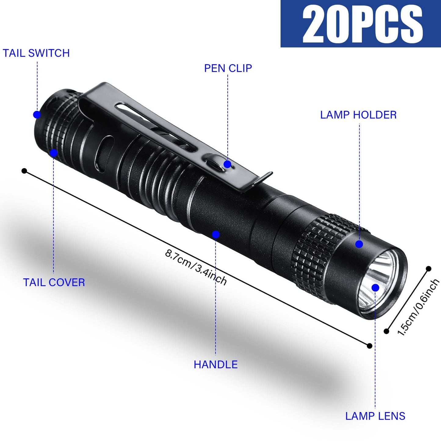 Hortsun 20 Pcs Mini Pen Light Flashlights Father Day Gifts for Men Pocket Flashlights Pen with Clip Small LED Handheld Slim Torches Without Battery(3.54 Inch,Black)