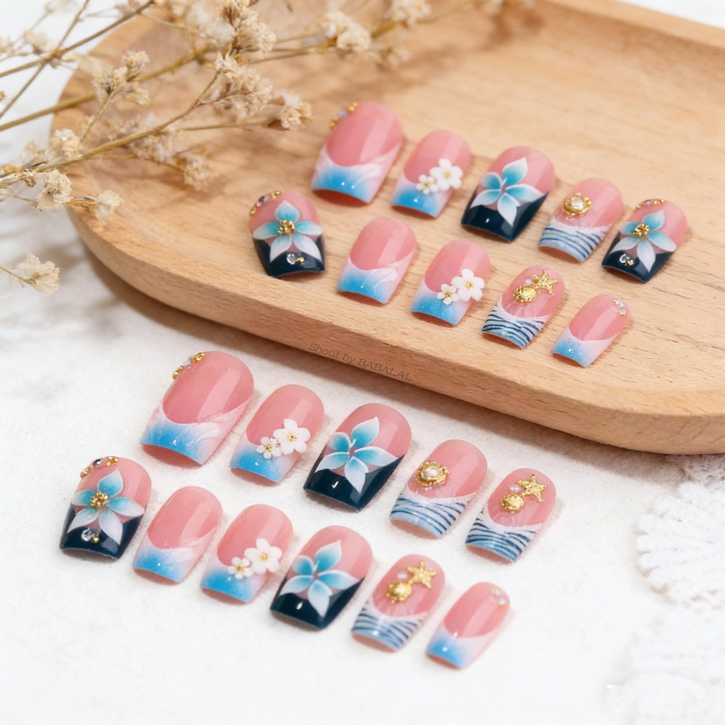 BABALAL Press On Nails, Short Square Fake Nails, Blue French Tip with Butterfly & 3D Flower, Glossy Tropical Summer Glue On Nails for Women and Girls 24Pcs