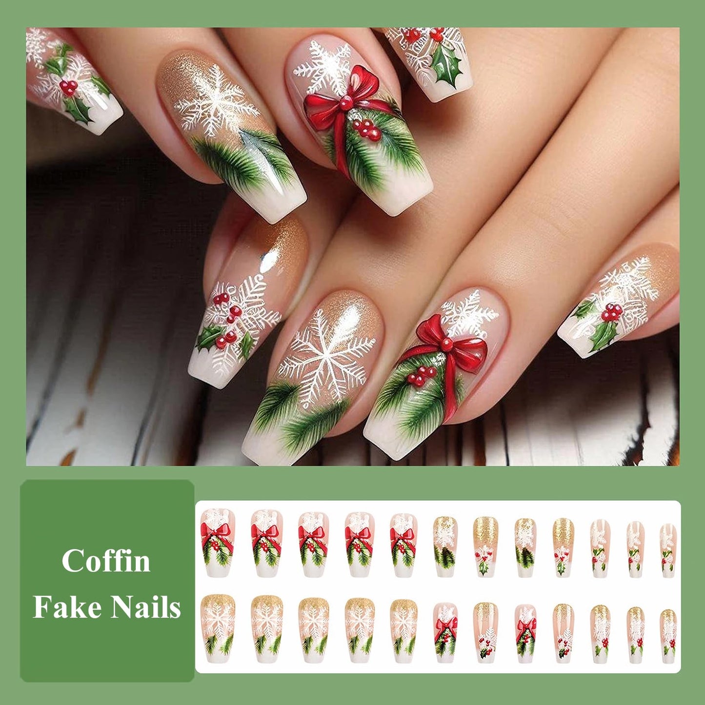 MISUD Press on Nails - Long Coffin Fake Nails with Bling Gold Glitter, Acrylic Xmas Snowflake Design 24 pcs