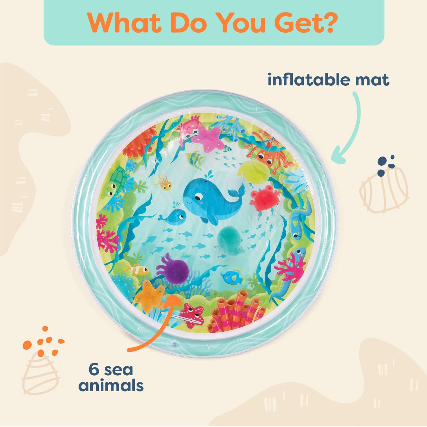 B. toys – Baby Inflatable Tummy Time Mat 6 Removable Sea Animals Water Activity Mat for Babies Easy to Clean – 6+ Months Wonder Waves