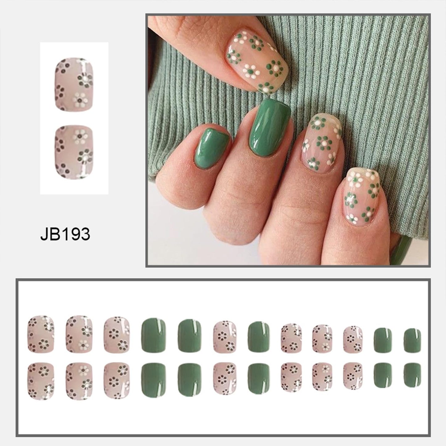 Tyuimhx Flower Press on Nails Short Square Green Spring False Glossy Full Cover Stick on Acrylic Floral Artificial Glue on Nails for Women Girls 24Pcs