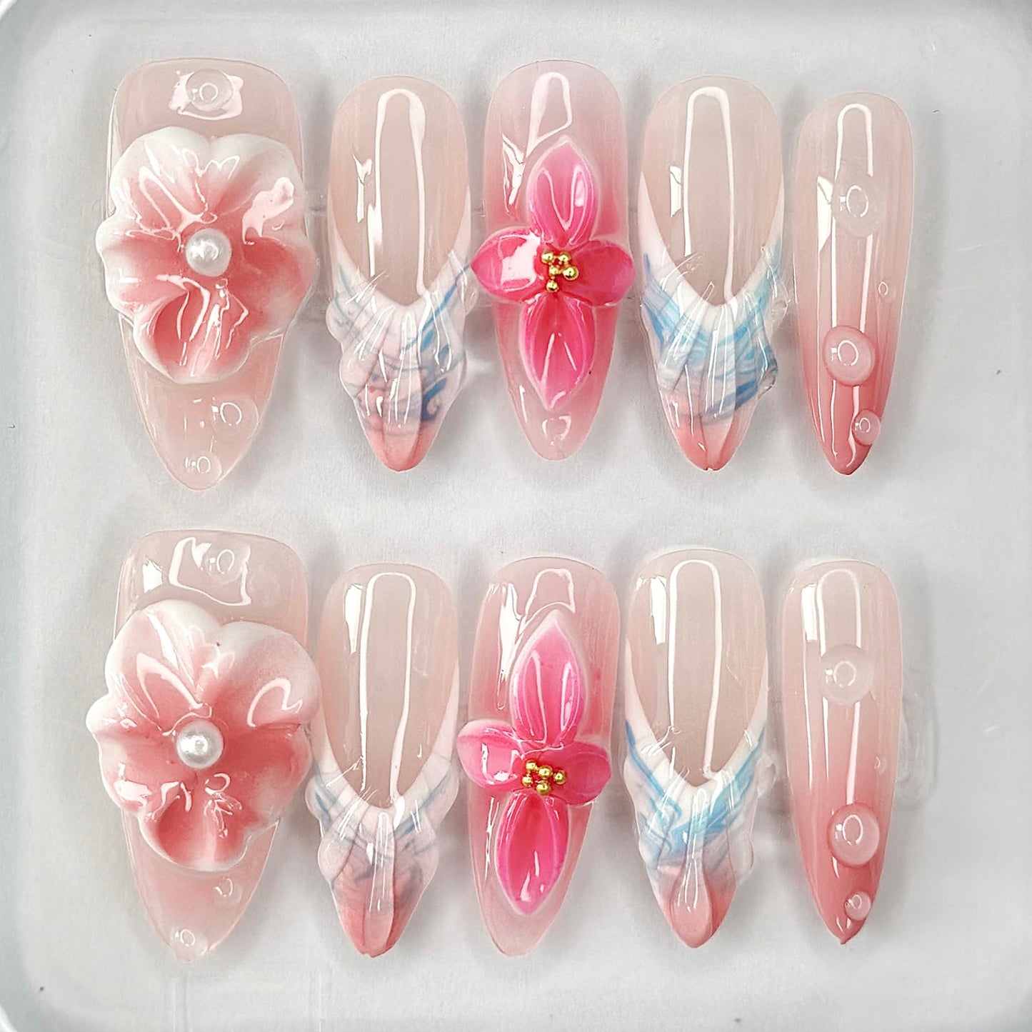 Luxury Press on Nails Medium Almond Handmade 3D Unique Reusable ABS Material Fake Nails Pink&White False Nails with Designs Pink Flower Water Drop Art Petal Glossy Glue on Thick Acrylic Nails(S)