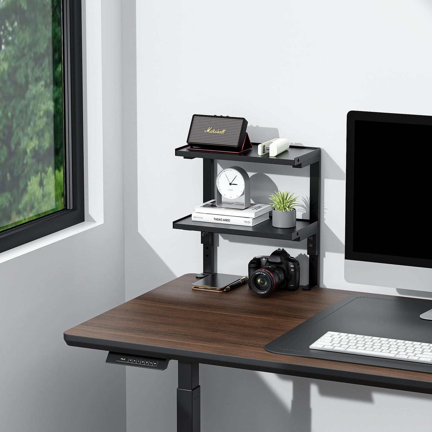 Spacrea clamp on Desk Shelf, 2 Tier Office Desk Shelves Organizer, Wood Desktop Supplies Storage Rack, Desk Organizers and Accessories (Black)