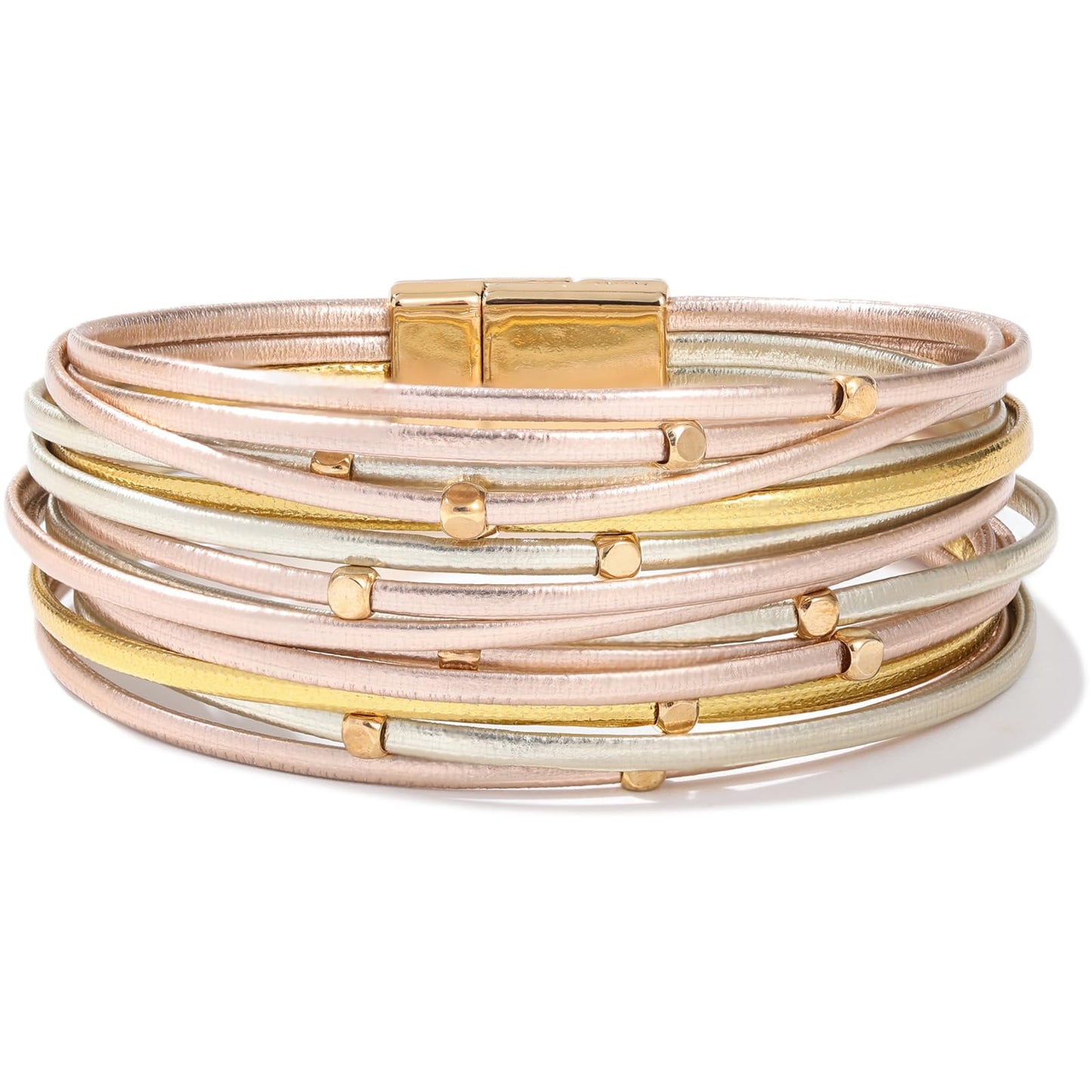 FANCY SHINY Beaded Leather Wrap Bracelets Cute Boho Stackable Bangle Cuff with Magnetic Clasp Layered Trendy Jewelry for Women(Mix Metallic)