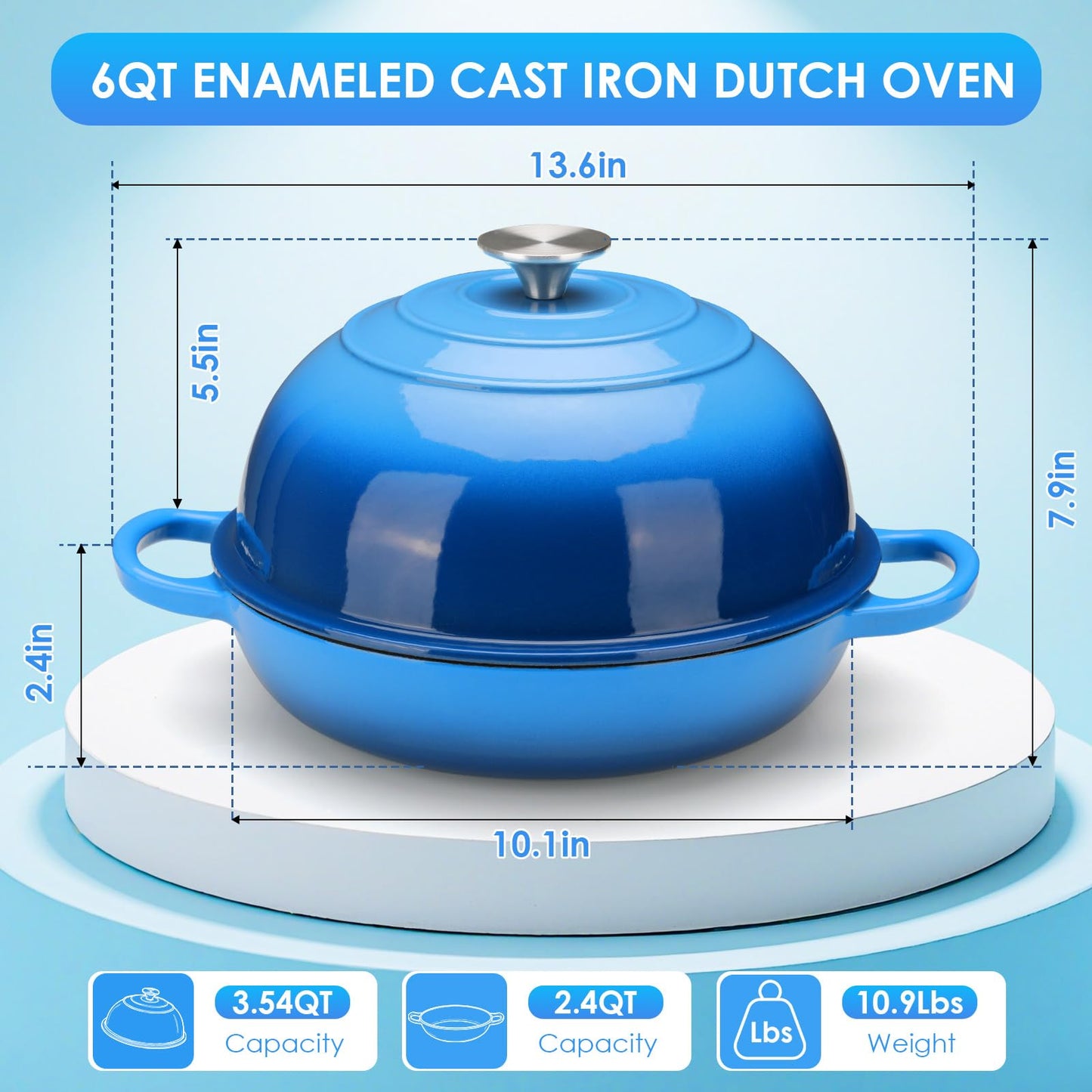 LIFERUN 6qt Enameled Cast Iron Dutch Oven for Sourdough Bread Baking, Non-Stick Dome-Shaped Bread Oven Pot with Lid, Silicone Handles and Scraper, Blue