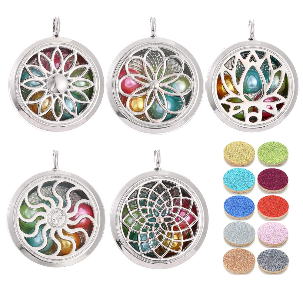 Vie jeune 5pcs Mixed Pearl Cage Floating Pendant Aroma Diffuser Charms Stainless Steel Tone Perfume Essential Oil Diffuser Necklace Pendant Locket Jewelry (Style 4)